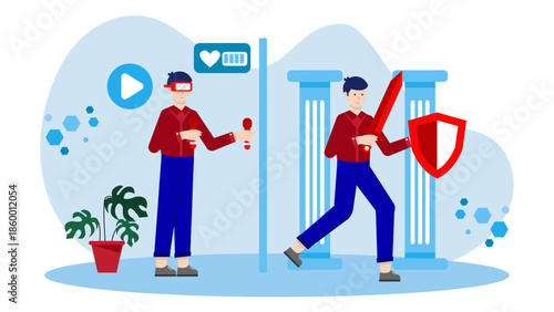 Virtual Reality Recreating Historical Battlefields. Flat Vector Illustration