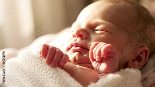 Close-up of a newborn baby sleeping peacefully, wrapped in a white blanket, bathed in soft sunlight.