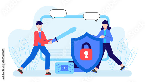 Cybersecurity Team Conducting Purple Team Exercises. Flat Vector Illustration