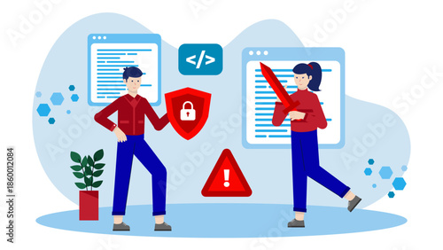 Cybersecurity Team Conducting Purple Team Exercises. Flat Vector Illustration