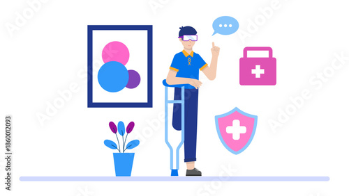 VR Used for Phantom Limb Pain Treatment. Flat Vector Illustration