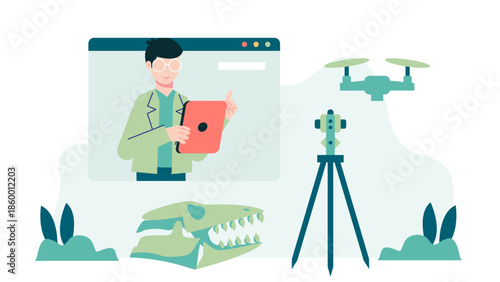Remote Archaeologist Using Lidar Scanning Technology. Flat Vector Illustration