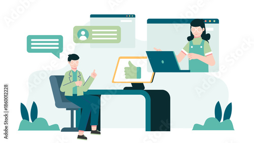 Online Support Group for Remote Workers. Flat Vector Illustration