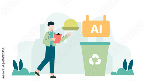 Smart Restaurant Using AI to Reduce Food Waste. Flat Vector Illustration