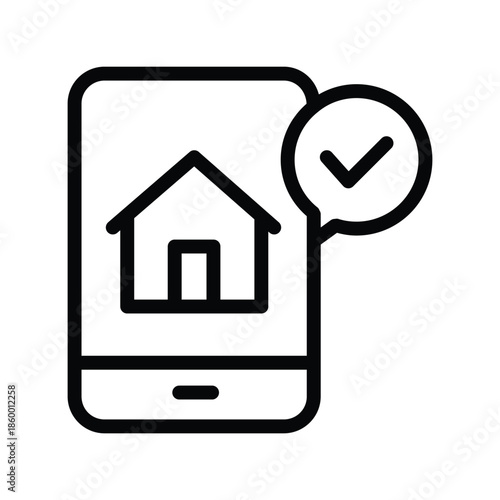 Minimalist smart home app icon showing a house symbol with a check mark on a smartphone screen, representing home automation control, connected living, and secure smart home management