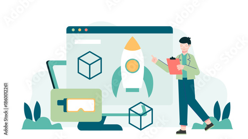 Digital Service for Creating Virtual Product Launches. Flat Vector Illustration