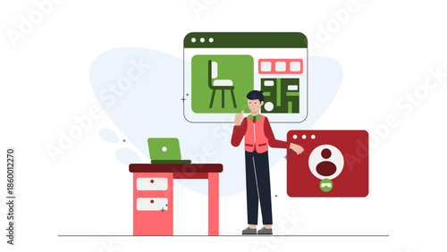 Online Occupational Therapist Adapting a Home Office. Flat Vector Illustration