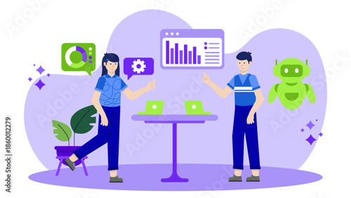 Corporate Team Using AI for Customer Churn Prediction. Flat Vector Illustration