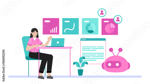 Corporate Team Using AI for Customer Churn Prediction. Flat Vector Illustration