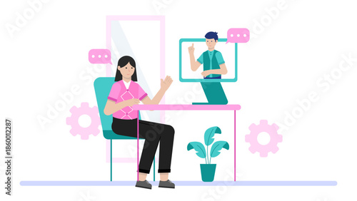 Online Occupational Therapist Adapting a Home Office. Flat Vector Illustration