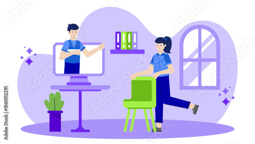 Online Occupational Therapist Adapting a Home Office. Flat Vector Illustration