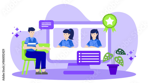 Remote Team Using Gamification for Training Modules. Flat Vector Illustration