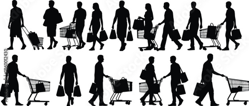 Shopping silhouette vector, people with carts, retail activity, consumer behavior, black illustration, urban market, shopping bags, walking figures