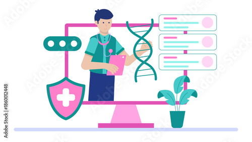 Telehealth Genetic Counselor Explaining DNA Results. Flat Vector Illustration