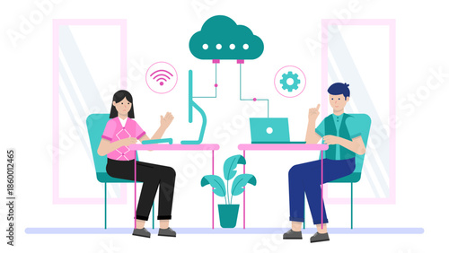 IT Team Deploying Edge Computing for IoT Devices. Flat Vector Illustration