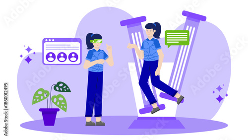 Virtual Reality Poetry Slam with Global Participants. Flat Vector Illustration