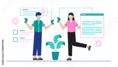 Virtual Reality Poetry Slam with Global Participants. Flat Vector Illustration