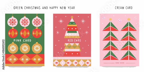 Festive christmas cards with various designs and colors displayed in a row
