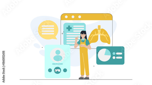 Online Respiratory Therapist Teaching Breathing Techniques. Flat Vector Illustration