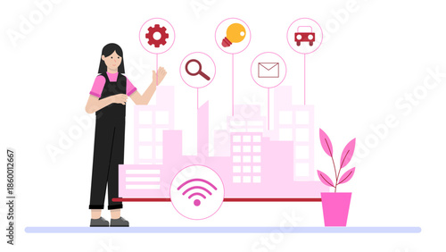 Smart City Implementing Digital Twin Technology. Flat Vector Illustration