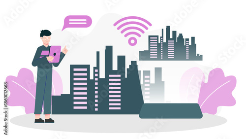 Smart City Implementing Digital Twin Technology. Flat Vector Illustration