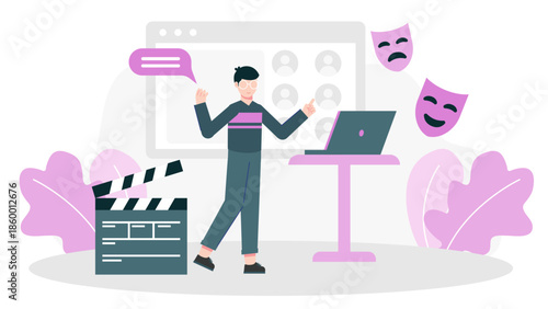 Online Acting Coach Running Improv Workshops. Flat Vector Illustration