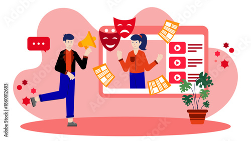 Online Acting Coach Running Improv Workshops. Flat Vector Illustration