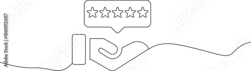 A hand holding a five-star rating in a speech bubble on a white background