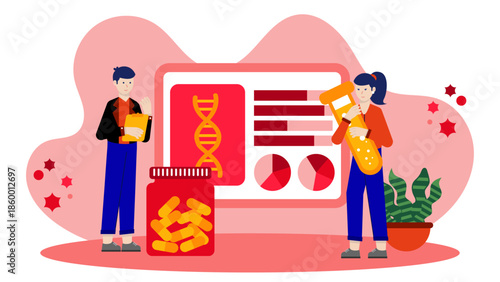 Biotechnology Company Developing Anti-Aging Solutions. Flat Vector Illustration