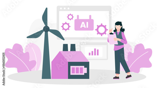 AI System Managing Smart Grid Load Distribution. Flat Vector Illustration