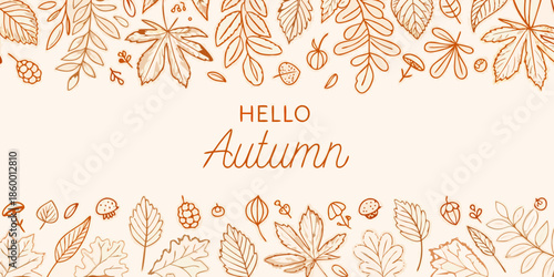 Autumn leaves and berries illustration with a handwritten hello autumn greeting