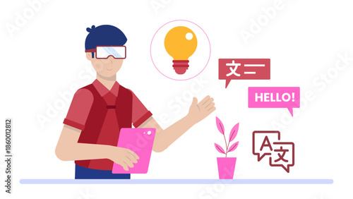 Virtual Reality Language Immersion Classes. Flat Vector Illustration