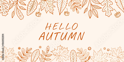 A delicate autumn illustration with leaves acorns and a handwritten hello message