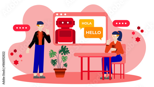 Virtual Reality Language Immersion Classes. Flat Vector Illustration