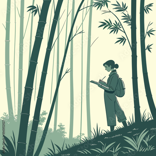 A lone figure likely an artist diligently sketches within a serene and stylized bamboo forest setting capturing nature s beauty
