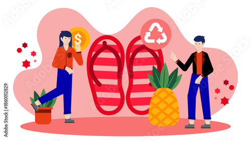 Sustainable Footwear Brand Using Pineapple Leather. Flat Vector Illustration