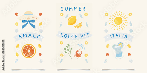 Illustrative summer postcard designs featuring italian themes and citrus fruits