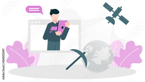 Remote Geologist Using Satellite Imagery Analysis. Flat Vector Illustration