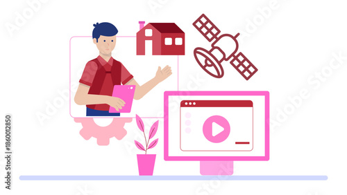 Remote Geologist Using Satellite Imagery Analysis. Flat Vector Illustration