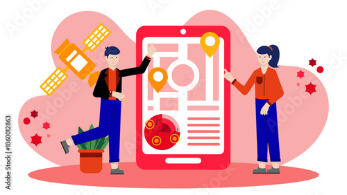 Remote Geologist Using Satellite Imagery Analysis. Flat Vector Illustration