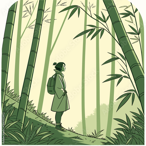 a solitary figure stands amidst a dense bamboo forest gazing upwards with a backpack in a serene setting