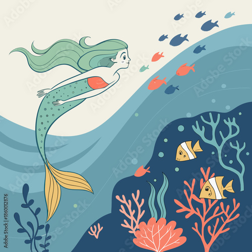 A serene landscape illustration depicting a lush tree overlooking a calm river with distant hills in a tranquil blue hue