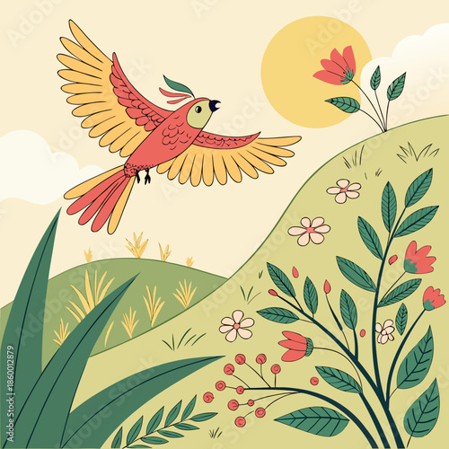 a whimsical illustration depicts a yellow high top sneaker in motion seemingly suspended mid air with swirling lines and snow