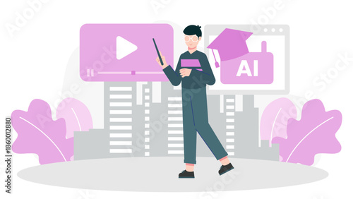 Smart University Implementing AI Teaching Assistants. Flat Vector Illustration