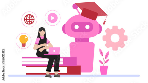 Smart University Implementing AI Teaching Assistants. Flat Vector Illustration