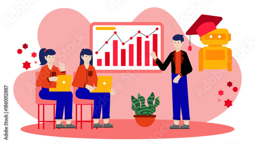 Smart University Implementing AI Teaching Assistants. Flat Vector Illustration