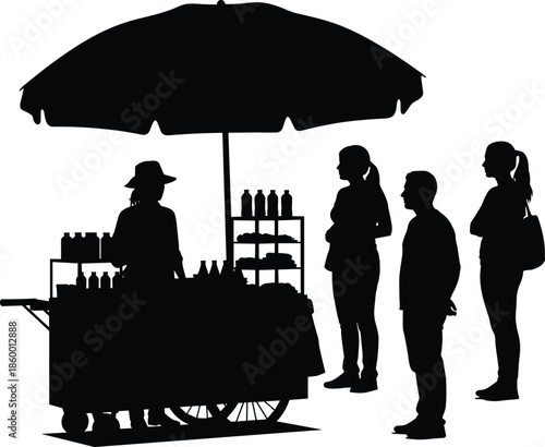 Street vendor silhouette, urban market scene, umbrella cart, people buying goods, public commerce, black vector art, bottle display, queue