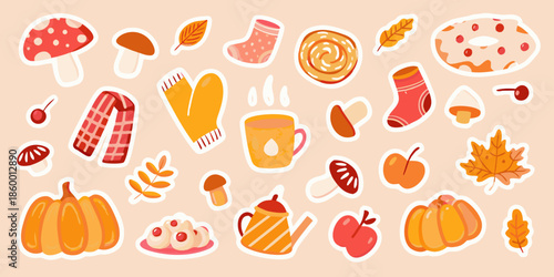 A cozy autumn collection of stickers featuring fall themed items