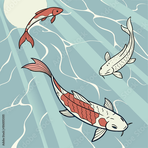 Three vibrant koi fish swim gracefully amid shimmering water reflections and a soft circular moonlit background showcasing artistic detail