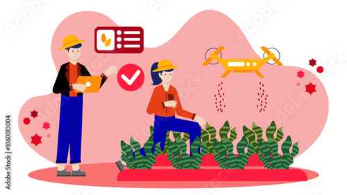 Smart Farm Implementing Automated Pollination. Flat Vector Illustration
